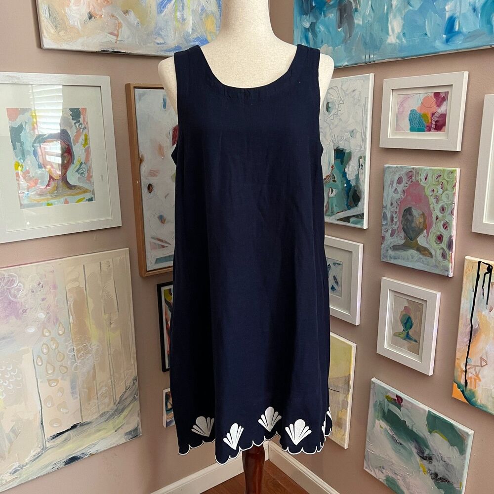 Calypso St Barth Navy Shell Hem Linen Blend Dress Resort Coastal Beach Size M